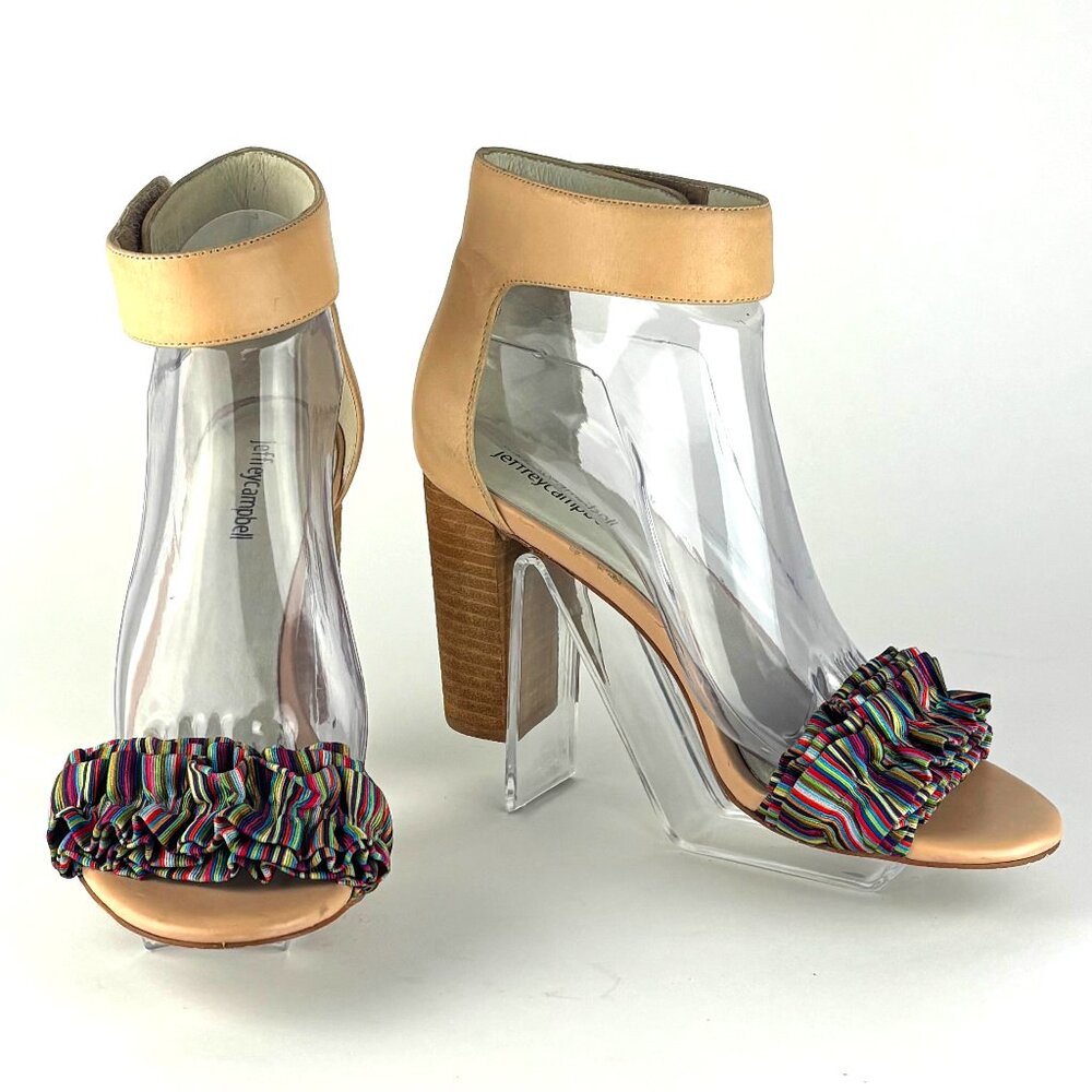 Jeffrey Campbell Lindsay-RF Block Heel Sandals, Size 10 – Rainbow Ruffle Strap